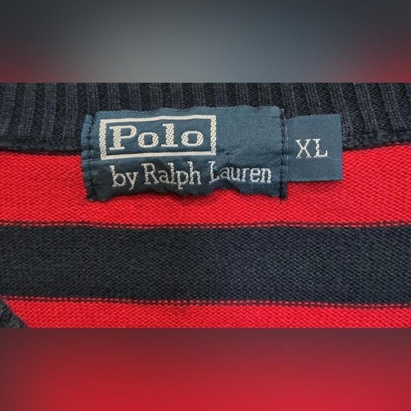 Ralph Lauren Polo Vintage Rugby Stripe V-Neck Sweater XL Big Pony Patch Red Navy - Picture 4 of 5